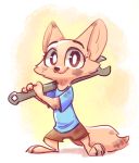  2019 abstract_background ambiguous_gender anthro arctic_fox barefoot canid canine cheek_tuft claws clothed clothing cub dirty disney fox fuel_(artist) green_background holding_object looking_at_viewer mammal simple_background skye_(zootopia) smile solo standing toe_claws tools tuft white_background wrench young zootopia 