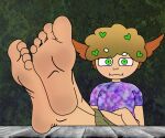 :3 accessory ambiguous_gender anonymous_artist blonde_hair blush bottomwear clothed clothing dimple dirty dirty_feet feet foot_focus foot_on_table freckled_face freckles furniture genderfluid green_eyes hair hair_accessory head_wings hi_res human_clover_(clover_the_moth) humanoid mammal mutant_humanoid skirt slightly_chubby solo table unusual_wing_placement white_body wings