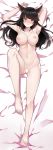  1girl absurdres animal_ear_fluff animal_ears areolae armpits arms_behind_head arms_up aslindsamure ass_visible_through_thighs bangs bar_censor bed_sheet black_hair breasts cat_ears censored collarbone feet from_above full_body gradient_hair groin hand_behind_head highres knee_up large_breasts legs long_hair lying medium_breasts multicolored_hair nail_polish navel nipples nude on_back original paid_reward patreon_reward pink_nails red_hair sidelocks slit_pupils solo stomach toenail_polish toenails toes two-tone_hair 