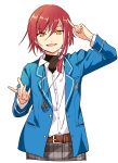  1boy arm_up belt blush brown_eyes character_request collared_shirt ensemble_stars! eyebrows_visible_through_hair highres index_finger_raised long_sleeves looking_at_viewer namori parted_lips red_eyes shirt short_hair simple_background smile white_background white_shirt 