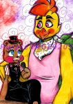 2016 4_fingers anthro arm_tuft artist_name avian beak bear bent_arm bib bird black_bottomwear black_bow_tie black_clothing black_eyebrows black_eyelids black_pants black_top_hat black_topwear black_vest bottomwear bow_tie brown_bear brown_body brown_fur button_(fastener) cageyshick05_(artist) cheek_spots cheek_tuft chic_chic_(cageyshick05) chicken clothed clothed_female clothing colored colored_pencil_(artwork) crossed_legs crossgender duo electronics english_description english_text eye_contact eyebrows eyelashes facial_tuft feather_hair feather_hands feathers female female_anthro fingers five_nights_at_freddy&#039;s five_nights_at_freddy&#039;s_2 frederick_(cageyshick05) ftm_crossgender fully_clothed fully_clothed_female fur galliform gallus_(genus) green_tail hair hand_on_shoulder holding_microphone holding_object larger_anthro larger_male light lighting long_eyelashes looking_at_another male male/female male_anthro mammal marker_(artwork) microphone mtf_crossgender multicolored_body multicolored_fur orange_beak outline pants phasianid pink_bottomwear pink_cheeks pink_clothing pink_eyes pink_shirt pink_tank_top pink_topwear pseudo_hair purple_outline red_background red_cheeks red_hair red_outline red_stripes scottgames shaded shirt short_hair shoulder_tuft simple_background sitting size_difference smaller_anthro smaller_female smile smiling_at_another smiling_at_partner striped_dress_shirt stripes tail tail_feathers tan_body tan_fur tank_top text text_on_bib text_on_clothing topwear toy_chica_(fnaf) toy_freddy_(fnaf) traditional_media_(artwork) tuft ursine vest whisker_spots white_bib white_dress_shirt yellow_body yellow_feathers