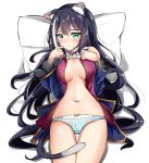 1girl absurdres animal_ear_fluff animal_ears ass_visible_through_thighs bangs bare_shoulders bed_sheet black_hair blue_panties blue_sleeves blush bow bow_panties breasts cat_ears cat_girl cat_tail closed_mouth detached_sleeves eyebrows_visible_through_hair green_eyes hair_between_eyes hands_up highres kyaru_(princess_connect) long_hair long_sleeves lying medium_breasts moyoron multicolored_hair navel on_back panties pillow princess_connect! princess_connect!_re:dive shadow shirt shirt_lift sleeves_past_wrists solo streaked_hair tail thigh_gap underwear very_long_hair white_background white_hair white_shirt wide_sleeves 