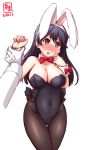  1girl 1other ahoge alternate_costume animal_ears artist_logo black_hair black_legwear black_leotard blush bow bowtie breasts brown_eyes bunny_ears bunny_tail bunnysuit cameltoe cleavage collarbone commentary_request covered_navel cowboy_shot dated detached_collar highres kanon_(kurogane_knights) kantai_collection large_breasts leotard long_hair looking_down nose_blush pantyhose red_neckwear simple_background solo_focus strapless strapless_leotard sweat tail thigh_gap ushio_(kantai_collection) white_background wrist_cuffs 