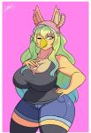  absolute_territory anthro avian big_breasts bird bottomwear breasts cleavage clothed clothing female hat headgear headwear huge_breasts jwinkz miss_kobayashi&#039;s_dragon_maid orange_(smug_jund) quetzalcoatl_(dragon_maid) shorts solo thick_thighs voluptuous wide_hips 