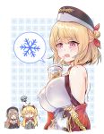  3girls admiral_hipper_(azur_lane) aye azur_lane blonde_hair breasts bubble_tea bubble_tea_challenge commentary_request cross cross_necklace drinking hat highres ice ice_cube jewelry large_breasts leipzig_(azur_lane) long_hair multiple_girls necklace open_mouth purple_eyes short_hair silver_hair simple_background tears z46_(azur_lane) 