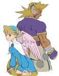  1boy 1girl angel_wings blonde_hair breasts breath_of_fire breath_of_fire_iv closed_mouth commentary_request cray_(breath_of_fire) dress hairband highres looking_at_viewer nina_(breath_of_fire_iv) short_hair simple_background urasato white_background wings 