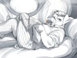  1boy cigar commentary_request couch crossed_legs furry furry_male greyscale holding holding_newspaper kikurage_(crayon_arts) looking_at_viewer lying male_focus monochrome newspaper on_back on_couch original pants pig_boy shirt short_hair smoking solo striped_clothes striped_pants tail very_short_hair 
