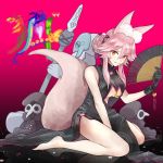  1girl animal_ears bare_shoulders barefoot black_gloves breasts china_dress chinese_clothes commentary commentary_request dress fan fang fate/grand_order fate_(series) fox_ears fox_tail gloves gradient gradient_background highres https koyanskaya large_breasts long_hair looking_at_viewer pink_hair sitting smile solo tail underboob yellow_eyes 