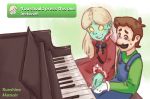  1boy 1girl black_bow blue_eyes blue_overalls bow brown_hair dress facial_hair ghost gloves green_shirt instrument khiuly luigi luigi&#039;s_mansion melody_pianissima mustache piano platinum_blonde_hair red_dress shirt smile sweat white_gloves yellow_eyes 