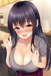  1girl :d black_hair blurry blush bottle breasts brown_eyes cleavage collarbone commentary_request cup depth_of_field drinking_glass grey_shirt hand_up heart highres jewelry large_breasts long_hair looking_at_viewer necklace open_mouth original purple_skirt shirt short_sleeves sidelocks skirt smile solo takocha upper_body 