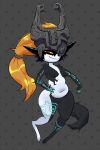 2025 5_fingers alternate_form armor breasts digital_drawing_(artwork) digital_media_(artwork) dotted_background female fingers full-length_portrait fur grey_background hair hand_on_hip headgear headgear_only helmet helmet_only hi_res humanoid imp kitapult long_hair looking_at_viewer midna multicolored_body multicolored_fur narrowed_eyes navel nintendo one_eye_obstructed orange_hair pattern_background portrait red_eyes simple_background small_breasts smile solo tail the_legend_of_zelda tied_hair twili twilight_princess wide_hipped_female wide_hips wolf_midna