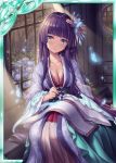  1girl akkijin breasts bug butterfly calligraphy_brush card_(medium) flower garden green_eyes hair_flower hair_ornament indoors insect japanese_clothes kimono long_hair looking_to_the_side medium_breasts official_art paintbrush purple_hair scroll shinkai_no_valkyrie window writing 