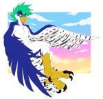  2017 anthro avian beak bird citrinelle claws digital_media_(artwork) feathered_wings feathers green_hair hair male open_mouth orange_eyes simple_background smile solo tongue wings yellow_beak 