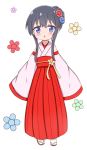  1girl :o bangs bare_shoulders black_hair blue_eyes blue_flower blush brown_footwear commentary_request detached_sleeves eyebrows_visible_through_hair floral_background flower full_body hair_between_eyes hair_bun hair_flower hair_ornament hakama highres japanese_clothes jiu_(sdesd3205) kimono long_hair long_sleeves looking_at_viewer miko parted_lips red_flower red_hakama shirosaki_hana sidelocks simple_background sleeveless sleeveless_kimono sleeves_past_fingers sleeves_past_wrists socks solo standing watashi_ni_tenshi_ga_maiorita! white_background white_kimono white_legwear white_sleeves wide_sleeves zouri 