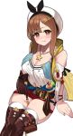  1girl :q atelier_(series) atelier_ryza belt between_thighs blush breasts brown_eyes brown_gloves brown_hair brown_legwear cleavage closed_mouth collarbone eyebrows_visible_through_hair gloves hair_ornament hairclip hat highres jewelry large_breasts looking_at_viewer mizu_sankabutsu_ion navel necklace red_shorts reisalin_stout short_hair shorts single_glove sitting solo star thighhighs thighs tongue tongue_out white_headwear white_legwear 