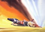  1970s_(style) 1980s_(style) burning cloud cloudy_sky core_booster core_fighter desert earth_federation fire flying gundam highres mobile_suit_gundam official_art ookawara_kunio painting_(medium) production_art realistic retro_artstyle scan science_fiction signature sky smoke spacecraft starfighter traditional_media 