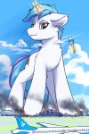 aircraft airplane airport blue_mane blue_tail building building_destruction cloud cutie_mark day destruction digital_drawing_(artwork) digital_media_(artwork) equid equine feral hasbro hi_res horn macro magic_user male mammal mane my_little_pony mythological_creature mythological_equine mythology narrowed_eyes outside ravistdash smile smoke snap_fable standing tail unicorn vehicle white_body