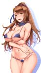  1girl arms_under_breasts asymmetrical_bangs bangs bare_shoulders beatrix_(granblue_fantasy) bikini blush breasts brown_eyes brown_hair cleavage collarbone detached_collar flying_sweatdrops granblue_fantasy hair_ornament hair_ribbon hair_scrunchie highres large_breasts long_hair looking_at_viewer micro_bikini navel open_mouth ponytail ribbon scrunchie shuugetsu_karasu simple_background solo swept_bangs swimsuit thighs white_background 