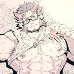  1boy abs armpit_hair beard black_hair blush chest facial_hair fang glasses horns jewelry looking_at_viewer male_focus monochrome muscle necklace nipples pectorals rybiokaoru simple_background solo sweatdrop takemaru_(tokyo_houkago_summoners) tank_top tank_top_lift tokyo_houkago_summoners 