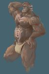  anthro blue_background blue_eyes brown_fur bulge clothing fur g-string grin hand_on_hip looking_at_viewer m7 male mammal monkey musclegut muscular muscular_male navel painting primate simple_background smile underwear 