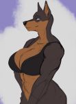  abstract_background big_breasts black_bra breasts brown_eyes canid canine canis dobermann domestic_dog female greasymojo huge_breasts mammal muscular muscular_female pinscher sketch smile tracy_porter 