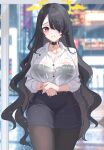 1girl absurdres alternate_costume black_bra black_choker black_hair black_pantyhose black_skirt blue_archive blush bra bra_visible_through_clothes breasts choker commentary eyes_visible_through_hair hair_over_one_eye highres hinata_(blue_archive) kurochomo large_breasts long_hair looking_at_viewer pantyhose parted_lips red_eyes see-through_clothes see-through_shirt shirt sidelocks skirt solo underwear wet wet_clothes wet_shirt white_shirt 