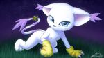  3_toes all_fours black_nose blue_eyes claws digimon digimon_(species) female flat_chested fur gatomon grass haiiromon night outside pinup pose purple_fur snout solo star striped_tail stripes thin_tail toes whiskers white_fur 