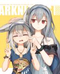  2girls =_= animal_ear_fluff animal_ears arknights bangs belt belt_buckle black_belt blue_hairband blue_shirt buckle cheek_pinching closed_eyes closed_mouth collarbone commentary copyright_name crying double_v dress eyebrows_visible_through_hair fang food_print grani_(arknights) grey_dress grey_hair hair_between_eyes hairband hands_up jakoujika long_hair multiple_girls open_mouth petting pinching polka_dot polka_dot_background print_shirt red_eyes shirt short_sleeves skadi_(arknights) sleeveless sleeveless_dress tears v very_long_hair yellow_background 