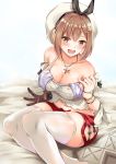  1girl atelier_(series) atelier_ryza bare_shoulders blush breasts brown_eyes brown_gloves brown_hair cleavage collarbone eyebrows_visible_through_hair gloves hair_ornament hairclip hat highres jewelry konka large_breasts looking_at_viewer midriff navel necklace off_shoulder red_shorts reisalin_stout short_hair short_shorts shorts single_glove sitting solo star teeth upper_teeth white_headwear white_legwear 