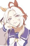  1girl ahoge animal_ears blue_eyes bow bowtie ear_covers half-closed_eyes head_rest head_tilt highres horse_ears long_hair long_sleeves looking_at_viewer multicolored_hair open_mouth orange_hair orfevre_(umamusume) purple_shirt sailor_collar school_uniform sekiyu_inu shirt sim single_ear_cover smile solo tracen_school_uniform two-tone_hair umamusume upper_body white_background white_hair 