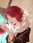  1girl brown_background brown_jacket closed_eyes feather_trim holding holding_weapon huge_weapon jacket red_(transistor) red_hair red_lips short_hair solo sword transistor_(game) weapon xian_che 