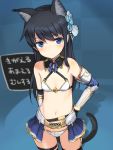  1girl alice_gear_aegis animal_ears armor bangs bikini_armor black_gloves blue_eyes breasts cat_ears cat_tail collarbone commentary_request cowboy_shot dark_blue_hair elbow_gloves eyebrows_visible_through_hair flower garter_straps gloves greaves hair_flower hair_ornament hand_on_hip kemonomimi_mode koashi_mutsumi looking_at_viewer navel shimada_fumikane skindentation small_breasts solo striped tail vambraces 
