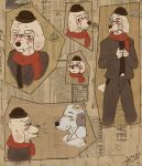1:1 2024 anthro artefelis artist_name bar_emanata blush blush_lines canid canine canis cheek_tuft clothed clothed_anthro clothed_male clothing digital_drawing_(artwork) digital_media_(artwork) domestic_dog duo emanata embarrassed eyes_closed eyewear facial_tuft flower_on_head fully_clothed fully_clothed_anthro fully_clothed_male fur glasses hat headgear headwear hi_res looking_at_another looking_at_viewer male mammal multiple_images multiple_poses news news_article newspaper nico_grant open_mouth pose pouting red_scarf scarf signature sunset_hills sweat_emanata tail talking_to_another text tuft wearing_glasses white_body white_fur