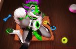  2019 4_toes anthro blue_eyes canid canine canis collar digital_media_(artwork) domestic_dog dominant_pov domination first_person_view fur gorsha_pendragon green_nose green_pawpads green_penis green_tongue grey_fur kneeling knot leash leashing_pov looking_at_viewer male mammal pawpads penis smile solo toes tongue 