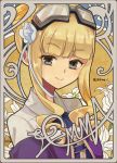  1girl artist_name bangs blonde_hair blunt_bangs emma_(kouya_no_kotobuki_hikoutai) eyebrows_visible_through_hair flower goggles goggles_on_head grey_eyes hair_flower hair_ornament kouya_no_kotobuki_hikoutai long_hair r-king sidelocks smile solo upper_body 