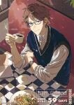  1boy blue_sweater_vest booth_seating brown_hair casual closed_mouth coffee_mug copyright_name copyright_notice countdown cup dated elbow_rest ensemble_stars! fingernails food food_request from_above glasses hand_up head_tilt holding holding_cup indoors kunugi_akiomi looking_at_viewer looking_to_the_side looking_up male_focus mug official_alternate_costume official_art parted_bangs pasta plate purple-framed_eyewear purple_eyes saucer shirt short_hair sitting sleeves_rolled_up smile solo steam sugata_dski sunlight sweater_vest table three-quarter_sleeves upper_body v-neck v-shaped_eyebrows watch white_shirt wooden_wall wristwatch 