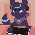  ambiguous_gender animated anthro bandanna dancing desk drawing eeveelution freckles headphones nintendo pocketpaws pok&eacute;mon pok&eacute;mon_(species) scarf solo tired umbreon video_games working 