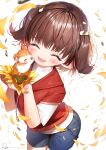  1girl animal_hug blue_shorts blush brown_hair child closed_eyes cowboy_shot cropped_hoodie drawstring falling_petals flower hair_ornament hairclip hamster hamtaro hamtaro_(series) haruna_hiroko highres holding holding_flower hood hood_down hoodie medium_hair open_mouth petals red_hoodie ryota_(ry_o_ta) shirt shorts smile sunflower twintails white_background white_shirt 