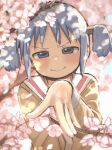  1girl :&gt; blue_eyes blue_hair blush branch cherry_blossoms cube_hair_ornament dappled_sunlight flower hair_ornament highres looking_at_viewer naganohara_mio naganoharamiomio narrowed_eyes nichijou outdoors outstretched_hand pink_flower school_uniform short_twintails sidelocks solo sunlight tokisadame_school_uniform tree twintails upper_body v-shaped_eyebrows 
