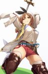  1girl :3 arms_behind_head atelier_(series) atelier_ryza belt breasts brown_eyes brown_hair brown_legwear cleavage closed_mouth fu-ta hair_ornament hairclip hat highres kneeling looking_at_viewer medium_breasts navel red_shorts reisalin_stout short_hair short_shorts shorts simple_background solo thighhighs thighs white_background white_headwear white_legwear 