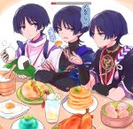  3boys aqua_kimono arm_rest black_bodysuit black_kimono black_sleeves blue_cape blunt_ends bodysuit cape chicken_(food) closed_mouth clothing_cutout crossed_arms crystal_shrimp_(genshin_impact) dumpling elbow_rest eyeliner eyeshadow feeding fingernails food fork fried_egg fruity_smoothie_(genshin_impact) genshin_impact han&#039;eri hand_on_own_arm health_bar holding holding_food holding_fork japanese_clothes jewelry kariginu kimono knife layered_kimono layered_sleeves leaf looking_at_another looking_to_the_side makeup mint_jelly_(genshin_impact) mitsudomoe_(shape) multiple_boys multiple_persona napkin neck_ring oga914 onigiri open_clothes open_kimono open_mouth pancake pita_(food) pita_pocket_(genshin_impact) purple_eyes purple_hair purple_kimono purple_rope purple_sleeves red_eyeliner red_eyeshadow red_kimono rice rope scaramouche_(genshin_impact) scaramouche_(kabukimono)_(genshin_impact) shimenawa short_sleeves shoulder_cutout sketch smoothie string sweet_madame_(genshin_impact) tassel tasuki tea_break_pancake_(genshin_impact) tomoe_(symbol) translation_request tsurime turtleneck turtleneck_bodysuit twitter_username wanderer_(genshin_impact) white_kimono white_rope white_sleeves white_trim wispy_bangs 
