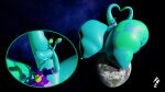 16:9 2_tails 3_toes 3d_(artwork) 4_fingers alien alien_humanoid ambiguous_gender animal_humanoid anthro big_butt biped bottom_heavy bottomless butt close-up clothed clothing cosmic_background digital_media_(artwork) earth embarrassed eyebrows eyestalks feet fingers floating_eyebrows gastropod gastropod_humanoid gesture giga green_eyes green_markings hand_behind_head hand_on_hip heart_gesture hi_res hoodie hoodie_only huge_butt huge_hips huge_thighs humanoid hyper hyper_butt kuiperkyper kyper_veldyn_(kuiperkyper) long_neck looking_away macro macro_focus markings mollusk mollusk_humanoid multi_tail planet raised_eyebrows sitting_on_planet smile solo space tail tail_gesture teal_body terra_macro thick_thighs toes topwear topwear_only wide_hips widescreen yellow_sclera