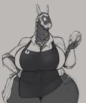 android anthro apron bartender big_breasts breasts cleavage clothed clothing collar_shirt female hi_res holding_glass holding_object huge_breasts jezzlen long_neck machine monochrome robot scalie simple_background sketch solo synth_(vader-san) therm_(jezzlen) thick_thighs tight_fit wide_hips