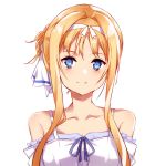  1girl alice_schuberg blonde_hair blue_eyes blue_ribbon breasts cleavage closed_mouth collarbone hair_intakes hairband highres looking_at_viewer medium_breasts neck_ribbon night_sky_sword off_shoulder portrait ribbon short_hair_with_long_locks sidelocks simple_background smile solo sword_art_online white_background white_hairband 