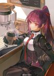  1girl absurdres black_gloves black_jacket black_pantyhose blush coffee_maker cup disposable_coffee_cup disposable_cup frown girls&#039;_frontline girls&#039;_frontline_2:_exilium gloves hair_ribbon highres incoming_drink jacket looking_at_viewer makiatto_(girls&#039;_frontline_2) necktie pantyhose ponytail purple_hair red_eyes red_necktie rhachen ribbed_shirt ribbon shirt sitting solo wa2000_(girls&#039;_frontline) white_shirt 