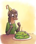  2019 abstract_background ambiguous_gender anthro cake candle cheek_tuft clothed clothing cutlery elbow_tufts fire food fuel_(artist) green_background hat head_tuft headgear headwear herpestid holding_object kitchen_utensils mammal mongoose neck_tuft party_hat plate simple_background smile solo spoon table terry_(a-signature) tools tuft 