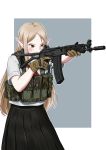  1girl absurdres aiming assault_rifle blonde_hair brown_eyes camouflage commentary english_commentary gloves gun highres holding holding_gun holding_weapon load_bearing_vest long_hair millimeter pointy_ears rifle rk95 sako_rk_95_(upotte!!) school_uniform serafuku simple_background solo upotte!! weapon 
