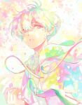  1boy bio_l_oid cherry_blossoms commentary earrings green_hair hair_between_eyes hanazono_momohito highres hood hoodie idolmaster idolmaster_side-m jewelry looking_ahead male_focus necktie parted_lips pastel_colors pink_eyes short_hair solo stud_earrings upper_body watermark wind 