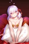  1girl absurdres amaroku_neko barefoot breasts cherry_blossoms cleavage collarbone earrings eyebrows_visible_through_hair fate/grand_order fate_(series) hair_between_eyes hair_ribbon head_tilt highres jewelry kama_(fate/grand_order) long_hair looking_at_viewer medium_breasts open_mouth red_eyes red_ribbon ribbon silver_hair sitting solo white_pillow 