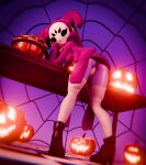 3d_(artwork) 777bronzestar anthro arachnid arthropod boots boss_monster_(undertale) butt clothing digital_media_(artwork) eyelashes female footwear halloween hi_res high_heels holidays jack-o&#039;-lantern legwear mask mask_on_head muffet multi_hand panties shoes simple_background solo spider stockings suspenders sweater sweater_dress topwear undertale undertale_(series) underwear white_mask